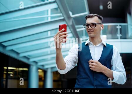young man talking on a video link. Stock Photo
