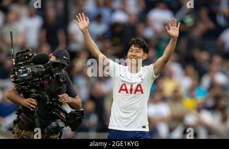 London, UK. 15th Aug, 2021. Tottenham Hotspur's Son Heung-Min celebrates after the English Premier League match between Tottenham Hotspur and Manchester City at Tottenham Hotspur Stadium in London, Britain on Aug. 15, 2021. Credit: Str/Xinhua/Alamy Live News Stock Photo