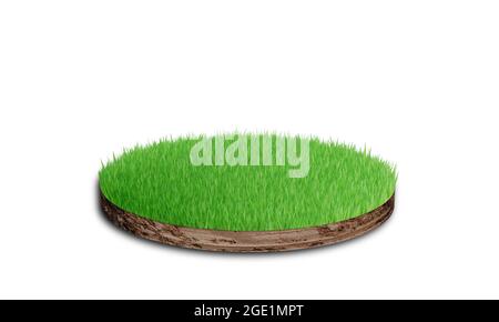 Soil round cross section with grass isolated on white background. 3D rendering Stock Photo