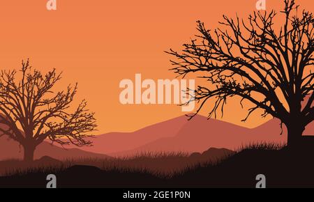 Gorgeous mountain views from the out of town at dusk with fantastic silhouettes of dry trees. Vector illustration of a city Stock Vector