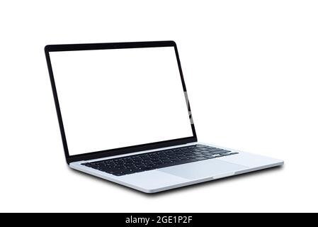 Laptop computer with blank screen isolated on white background. Stock Photo