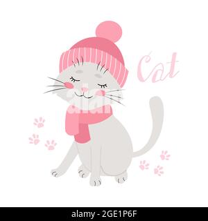 Cat in a winter hat, funny pets, vector illustration. Isolated. Flat design Stock Vector