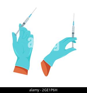 Hand in medical gloves holding a syringe set, vaccination against virus, vector illustration in flat style Stock Vector