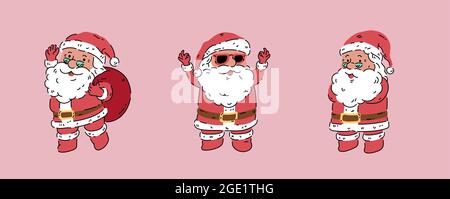 Santa clause organic line art style vector illustration. Variety pose action with glasses isolated on pink background Stock Vector
