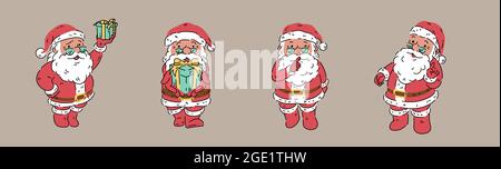 Santa clause organic line art style vector illustration. Variety pose action with glasses isolated on brown background Stock Vector