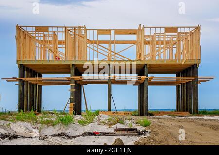 A new home is under construction on the west end of Dauphin Island overlooking the Mississippi Sound, Aug. 12, 2021, in Dauphin Island, Alabama. Stock Photo