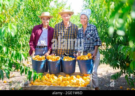 Happy farmers posing with harvest of ripe peaches in orchard Stock Photo