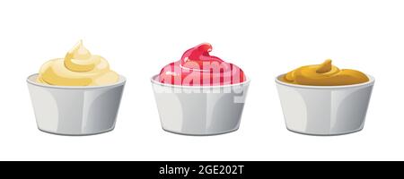 Ketchup, mayonnaise, mustard sauces set. Sauces in ceramic bowls. Realistic vector illustration isolated on white background. Stock Vector