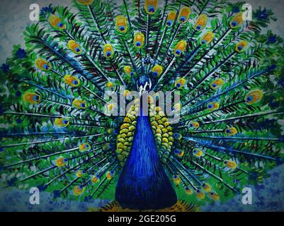 Original oil painting cute peacock bird and peafowl Stock Photo