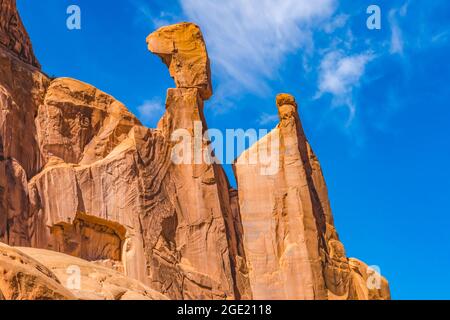 Queen Nefertiti Rock Park Avenue Section Arches National Park Moab Utah USA Southwest. Classic sandstone hoodoo and famous landmark in Arches National Stock Photo