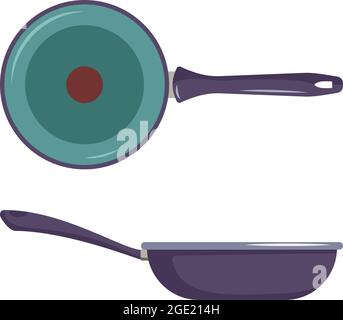 Frying pan icon top and side view. Dishes for cooking, frying food. Kitchen utensils and item Stock Vector