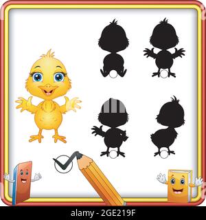 Find the correct shadow. Cute baby chicken waving. Education Game for Children Stock Vector