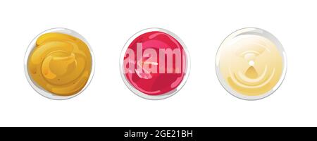 Ketchup, mayonnaise, mustard sauces set. Sauces in ceramic bowls. Realistic vector illustration isolated on white background. Stock Vector