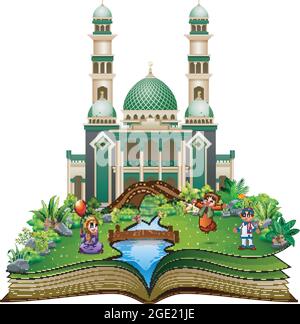 Open book with Happy Muslim Kids cartoon playing in front of a mosque Stock Vector