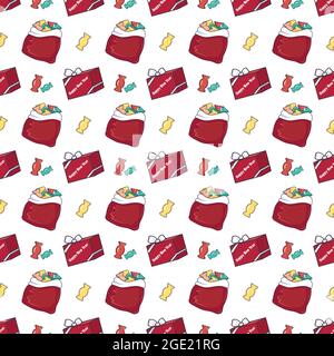 Seamless pattern with red boxes of gifts and the inscription Happy New Year, Santa bags with sweets. Holiday print for Christmas and winter holidays, textiles, wrapping paper and decorations. Stock Vector
