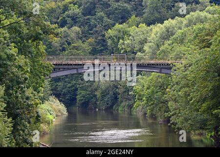 The Albert Edward Bridge over the River Severn, carrying the railway line that delivered coal into the former Ironbridge Power Station, Shropshire, UK Stock Photo