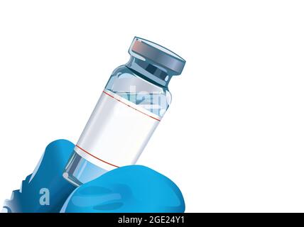 Doctor's Hand in blue gloves holding the vial with vaccine or drug.. Vaccination concept vector. Stock Vector