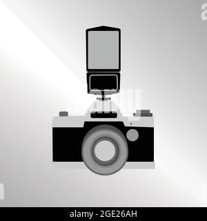 Retro camera in flat style on white background. Equipment of photographer. Vintage photo camera with flash vector isolated. Stock Vector