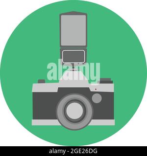 Retro camera in flat style on white background. Equipment of photographer. Vintage photo camera with flash vector isolated. Stock Vector