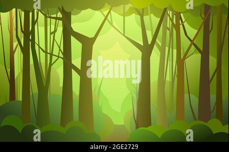 Forest Road. Dense wild trees with tall, branched trunks. Summer green landscape. Flat design. Cartoon style. Vector. Stock Vector