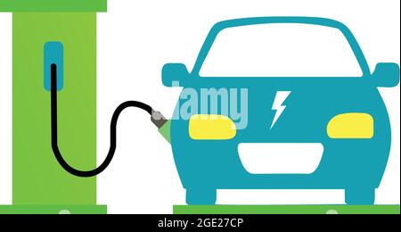 Electric car getting charged at the charging station. Pollution free vehicle. Stock Vector
