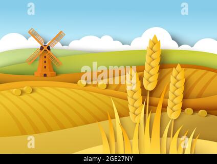 Rural landscape. Wheat fields, windmill, vector paper cut illustration. Field crop, farming, agriculture. Harvest season Stock Vector
