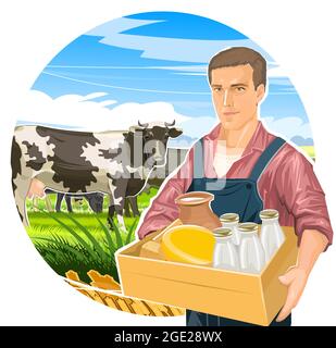 Organic dairy products illustration with cows - vector illustration ...