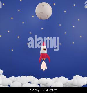 Rocket launch have smoke in the sky galaxy flying to moon over clouds, Concept of business product market startup with copy space on white background, Stock Photo