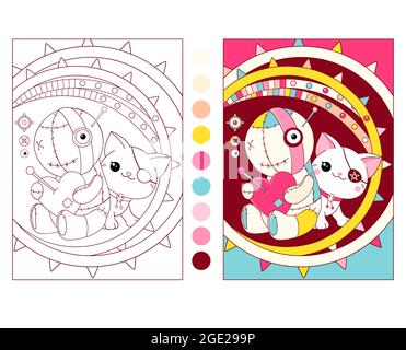 Colorful and black and white pattern for coloring. Cute white cat and voodoo doll with heart. Coloring book and colorful clipart character for childre Stock Vector