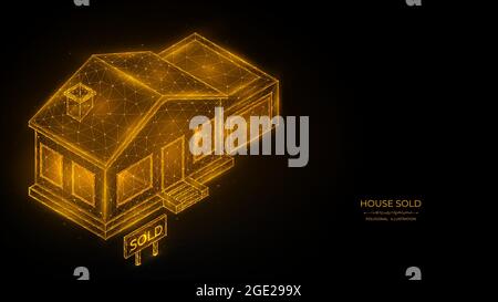 The house is sold. Real estate concept. Polygonal illustration of a house with a garage on a black background. Stock Vector