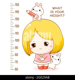 Height chart with cute shy little girl and her two bunny friends. Kids meter with kawaii characters. Inscription What is your height? Meter wall or ba Stock Vector