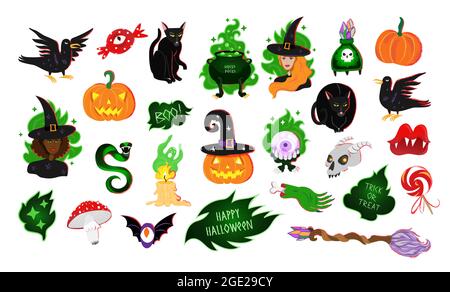 Set of vector illustrations of Halloween. Halloween icon collection in cartoon style. Clipart isolated on white. Stock Vector