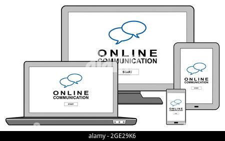 Online communication concept shown on different information technology devices Stock Photo