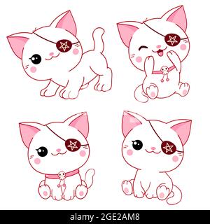 Halloween collection of kawaii cats with eye patches. Set of cute white demonic kittens. Vector illustration EPS8 Stock Vector