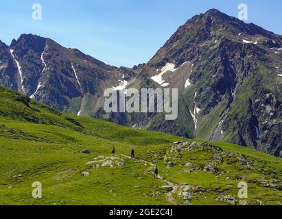 Sankt Jakob, Austria. 21st July, 2021. Hikers are on the Mooseralm in the Defereggen valley in Tyrol. The Defereggen valley lies in the middle of the Hohe Tauern National Park. The valley is surrounded by mountains of the Deferegg mountains, the Rieserferner group, the Lasörling group and the Schober group. Credit: Patrick Pleul/dpa-Zentralbild/ZB/dpa/Alamy Live News Stock Photo