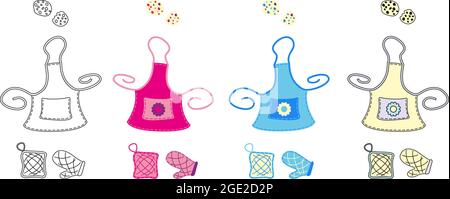 Set colorful chef clothes, apron, oven glove isolated on white background Stock Vector