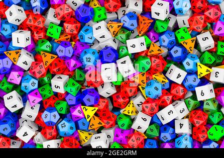 Background from colored roleplaying dice in various colors. 3D rendering Stock Photo