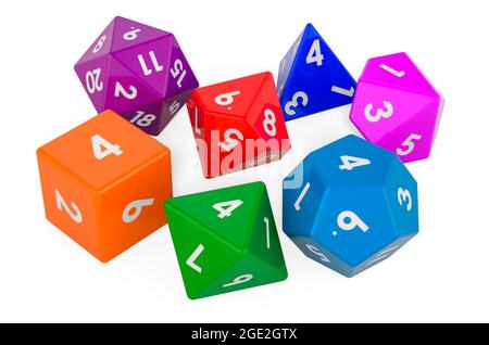 Set of colored roleplaying dice in various colors. 3D rendering isolated on white background Stock Photo