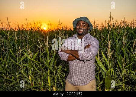 Farmer is standing in his growing corn field. He is satisfied because of good progress of plants. Stock Photo