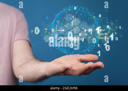 Person presenting the virtual projection of data cloud storage network Stock Photo