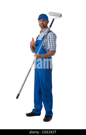 Male house painter man in uniform with paint roller Isolated over white background Stock Photo
