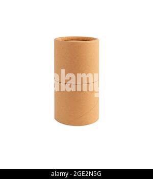 Eco cardboard tube box mockup colored pencils pens isolated on white background. Colorful pastel sticks in brown recycled kraft paper case writing art Stock Photo