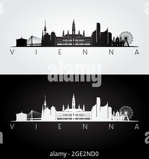 Vienna skyline and landmarks silhouette, black and white design, vector illustration. Stock Vector