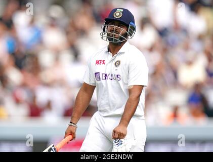 India's Rishabh Pant reacts after being caught out by England's Jos Buttler during day five of the cinch Second Test match at Lord's, London. Picture date: Monday August 16, 2021. Stock Photo