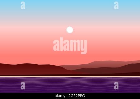 Minimalist red moonlight landscape with ocean, hills, beach and sky. Simple geometric dawn scenery. Full moon above cost. Sunrise panorama with sea Stock Vector