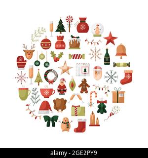 Vector illustration with Christmas icons in a round shape. New Year illustrations Stock Vector
