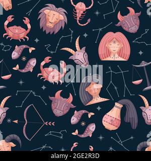 Flat vector astrology seamless pattern with zodiac signs Stock Vector