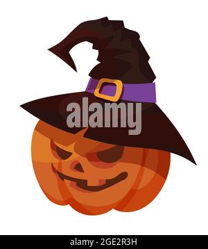 Pumpkin head dressed in witch hat. Halloween character in cartoon style. Stock Vector