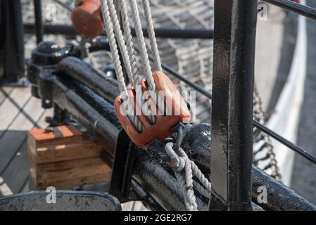 Rigging of old sailing boat. High quality photo. den Helder, Netherlands. July 31, 2021. Stock Photo