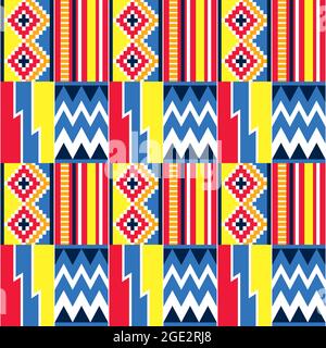 African tribal design Kente nwentoma textile style vector seamless design in blue, red and yellow, geometric pattern inspired by Ghana traditional clo Stock Vector